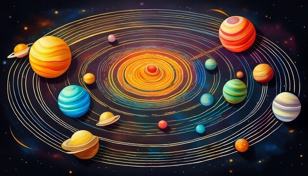 stylized solar system with colorful orbits and planets on blackboard texture educational space background