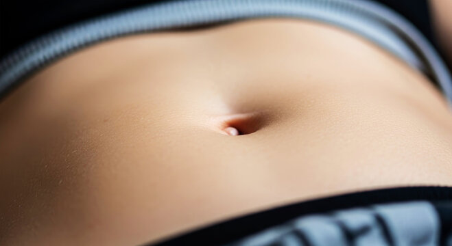 Close up of a human navel with soft skin texture and grey waistband abdomen belly