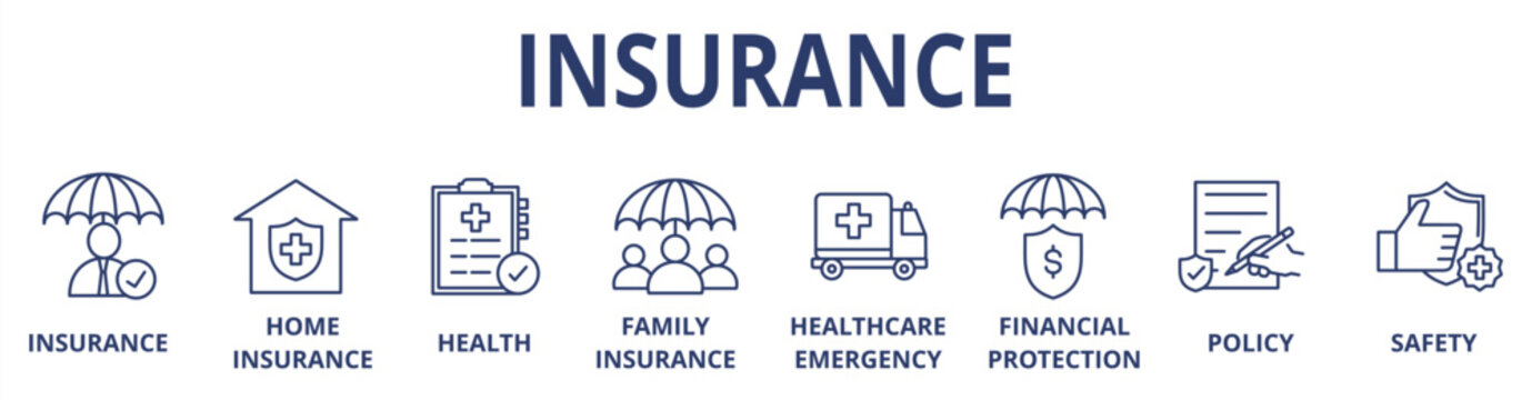 Insurance web banner icon set color multistyle vector illustrations concept with icon home insurance, health, family insurance, healthcare emergency, financial protection, policy and safety