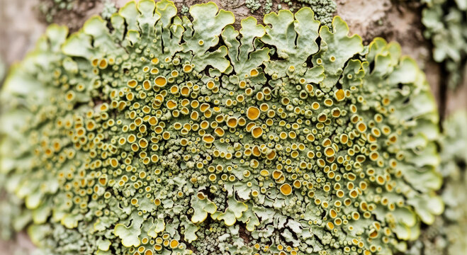 Close up macro view of textured green lichen with yellow apothecia on tree bark nature