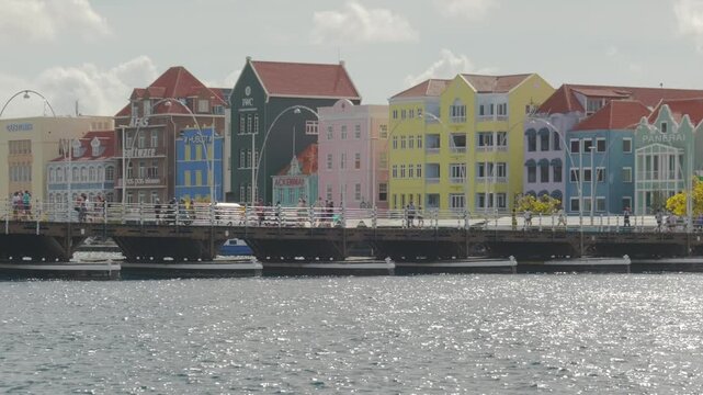 View Over Cura&ccedil;ao Harbor Entrance Toward Queen Emma Bridge and Colorful Punda Houses