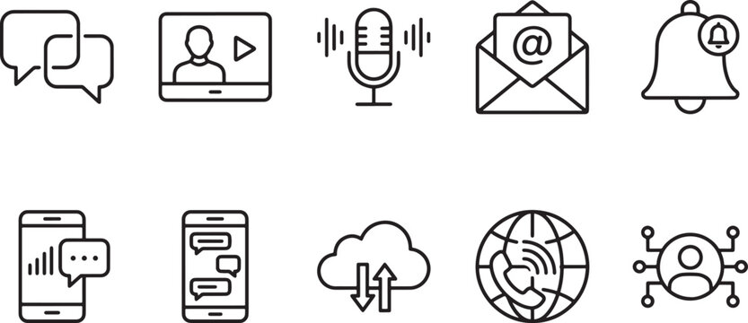 Set of ten simple black line communication and technology icons for digital business contact mobile app messaging and online video call chat voice message email cloud and notifications Vector