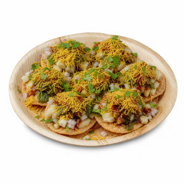 Sev Puri on Bamboo Plate Isolated on White Background Square Composition Studio Shot