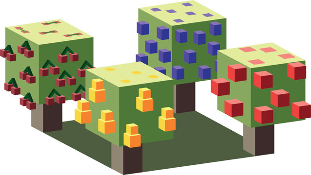 Isometric voxel fruit trees collection with apple, pear, cherry and plum in geometric flat style