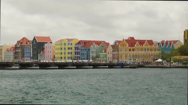 View Over Cura&ccedil;ao Harbor Entrance Toward Queen Emma Bridge and Colorful Punda Houses