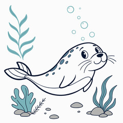 Seal swimming underwater with seaweed and bubbles © Sumi