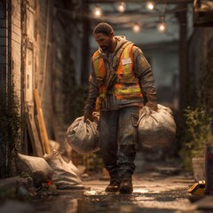 Fototapeta premium Resilient worker carrying heavy loads through a narrow urban passage, symbolizing perseverance and the weight of labor in a gritty environment.