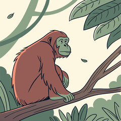 Orangutan sitting on tree branch in jungle with green leaves monkey © PixelFusion