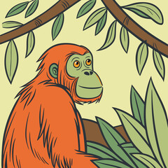 Orange orangutan sitting on tree branch with green leaves monkey © PixelFusion