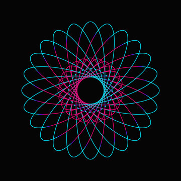 Vibrant neon spirograph mandala with intricate geometric wireframe patterns on a dark black background element.