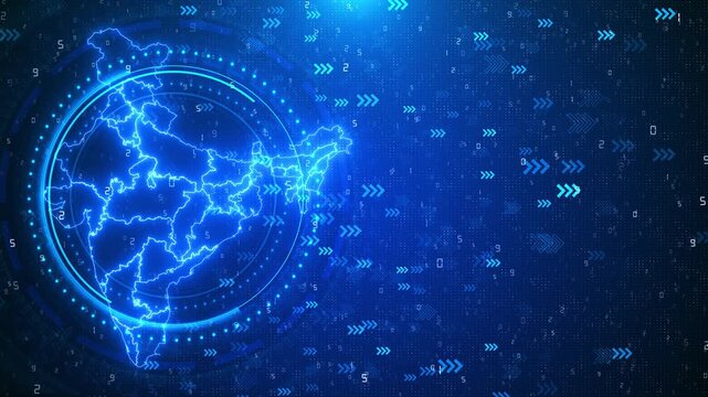 India digital arrow map with glowing blue outline, circular HUD rings, number texture, and data movement symbols. Perfect for India technology videos, news graphics, logistics reports, and overlays.