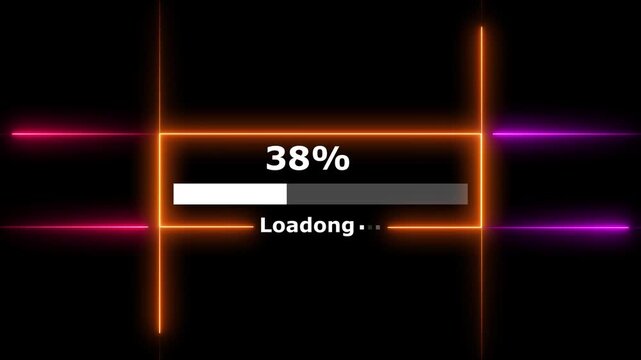 Cyberpunk loading neon bright white color animation. 100 percent number loading icon modern design rectangle from neon light black background 4k video.