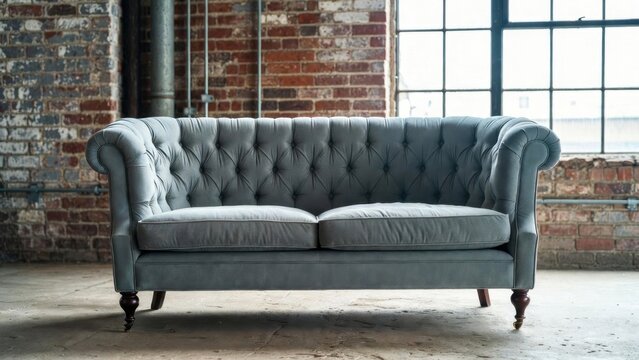 Tufted sofa displayed in renovated brick loft interior with daylight