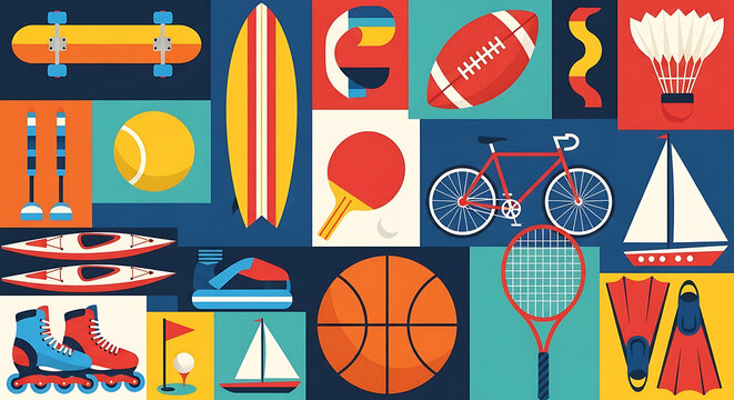 Collage of various sports equipment flat lay icons pattern with equipment lifestyle collection recreation activity basketball skateboarding football badminton exercise wellness