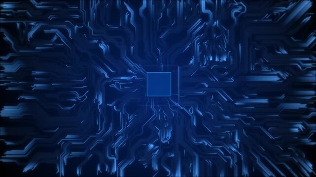 Blue circuit processor background with central chip square, glowing paths, and deep motherboard texture. Perfect for technology videos, AI intros, hardware visuals, cyber systems, and overlays.