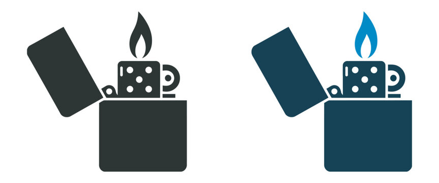 Gasoline lighter icon with flame and spark, pocket ignition tool symbol, refillable fuel lighter design, fire starting and flammable equipment concept, clean modern vector illustration.