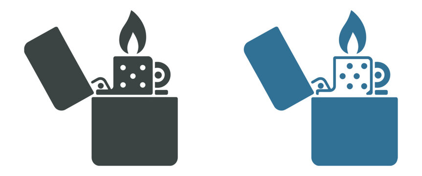 Gasoline lighter icon with flame and spark, pocket ignition tool symbol, refillable fuel lighter design, fire starting and flammable equipment concept, clean modern vector illustration.