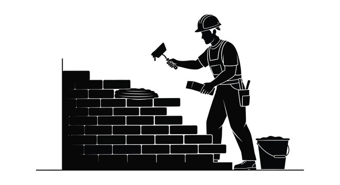 construction worker building brick wall silhouette high quality professional detailed modern elegant stylish clean crisp vibrant colorful digital