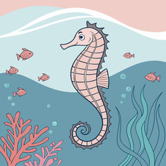Pink seahorse swimming with small fish and seaweed underwater © PixelFusion