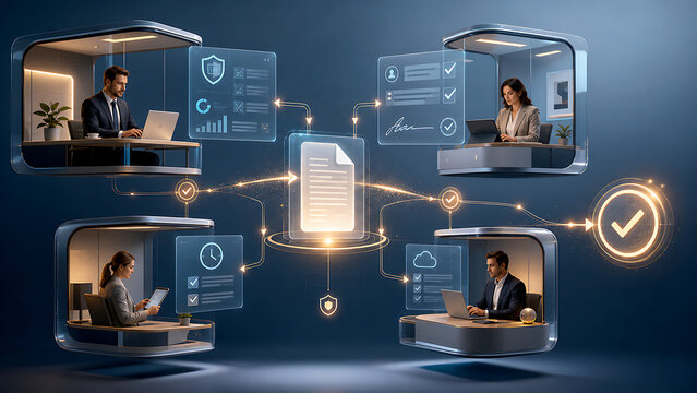 Business people working on laptops in separate pods with digital security and document connections