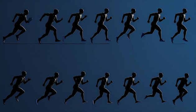 Dynamic sequence of running silhouettes, fluid stride cycle captured in motion, biomechanics study, athletic rhythm, kinetic energy, human locomotion, abstract progression, dark blue background, expre