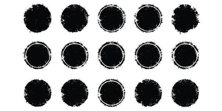 Set of black circles with grunge texture and distressed rough edges for design elements and stamps