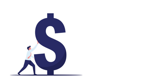 Determined businessman in a white shirt and dark pants exerting effort to push a giant dark blue dollar sign across a clean white surface.