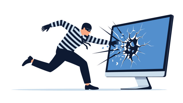Cyber criminal in a striped mask and shirt punching through a cracked computer monitor representing a serious data breach and hacking threat.