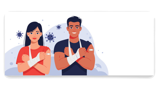Smiling young man and woman with bandages on their arms after receiving a vaccine during a viral outbreak with viruses in the background.