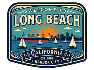 Fototapeta premium Retro welcome sign illustration: vibrant harbor city with ships, sailboats, skyline, and sunset, evoking coastal travel charm.