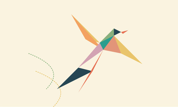 Abstract low-poly geometric illustration of a colorful origami swallow bird flying on a cream background