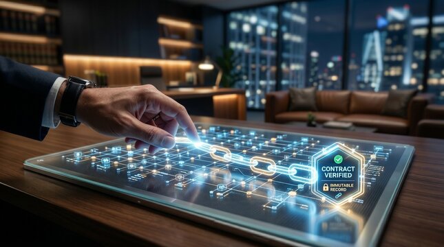Professional hand interacts with transparent blockchain smart contract interface featuring secure node chain icons.