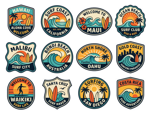 Surfing beach travel retro emblem vector set: Stylized graphics of waves, surfboards, and sunny global coasts.