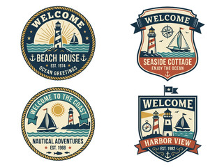 Obraz premium Collection of vintage nautical emblems featuring lighthouses, sailboats, and anchor motifs for coastal welcome designs.