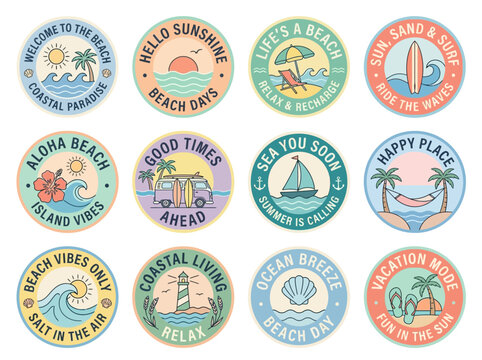 A vibrant collection of vintage-style vector emblems for summer holidays, travel, and coastal adventures, featuring beach scenes, ocean waves, and tropical icons for vacation mode designs.