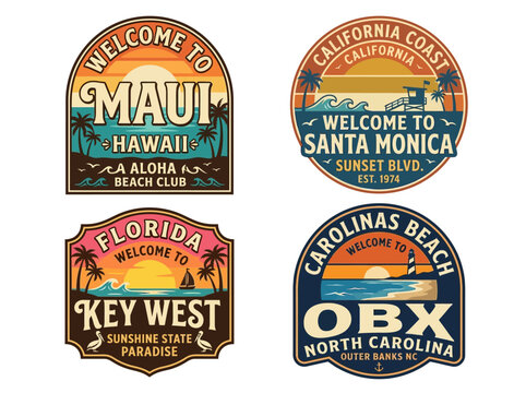 Set of Retro Vector Travel Emblems: Vintage Coastal Badges for Beach Destinations &ndash; Maui, Santa Monica, Key West, Outer Banks.