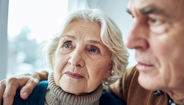 Portrait &eacute;motionnel d'un couple de seniors attentionn&eacute;s se soutenant mutuellement