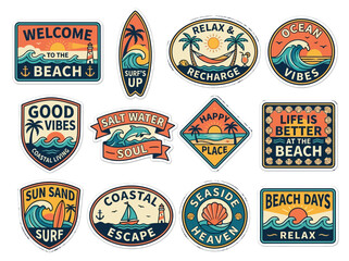 Naklejka premium Collection of vibrant coastal lifestyle sticker badges featuring beach, ocean, and surf themes for summer relaxation and travel