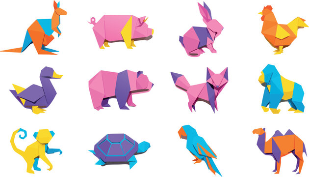 Set of Colorful Origami Animals Featuring Kangaroo Pig Rabbit Chicken Duck Panda Fox Gorilla Monkey Turtle Parrot Camel