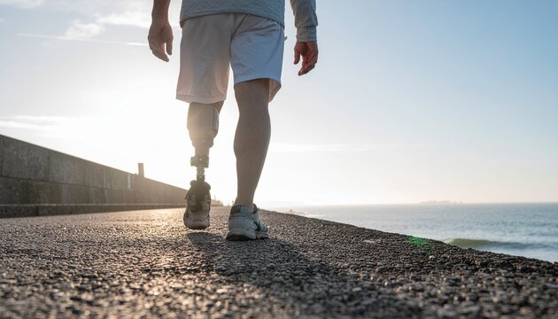 Homme avec proth&egrave;se de jambe marchant au bord de la mer au coucher du soleil