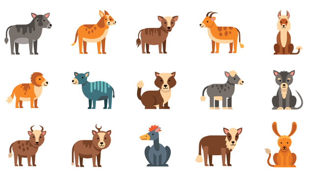 Diverse collection of pixel art animal characters featuring a variety of mammals and birds in a colorful flat style design.