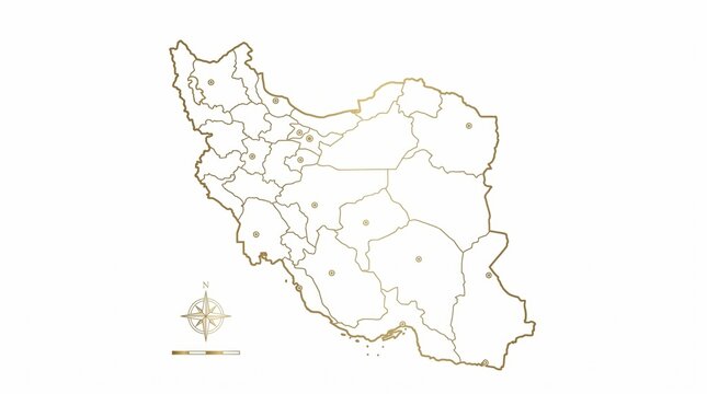 Elegant golden outline map of Iran showing provincial borders and compass rose on white background