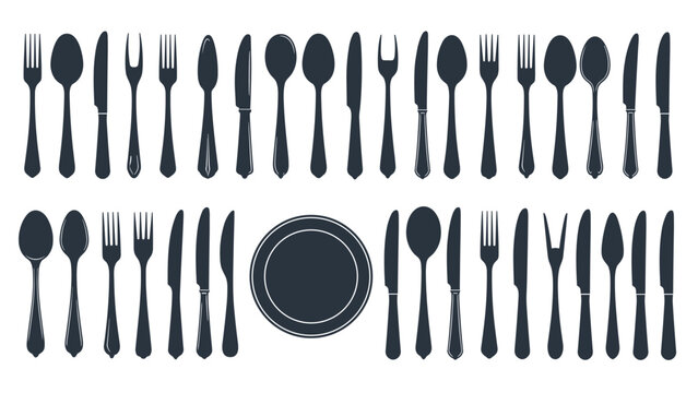 Black silhouettes of a wide variety of cutlery items including forks, knives, and spoons arranged around a central dining plate.