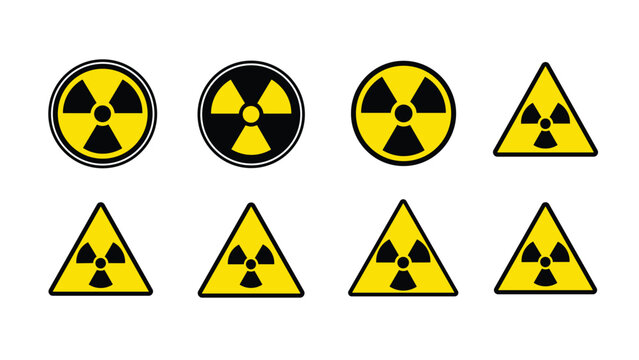 Set of different radioactive hazard warning symbols in circular and triangular frames with yellow and black high-visibility colors.