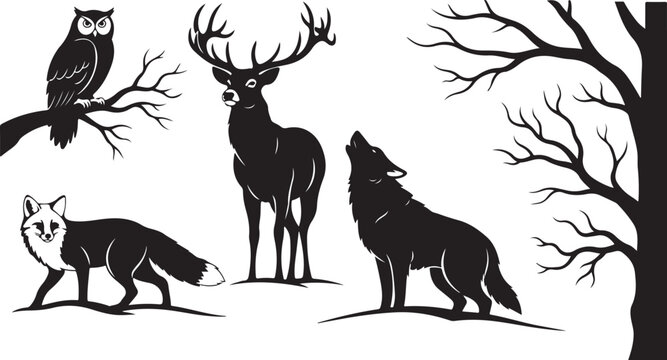 Black and white line of a wolf pack in a snowy forest line traced wolves