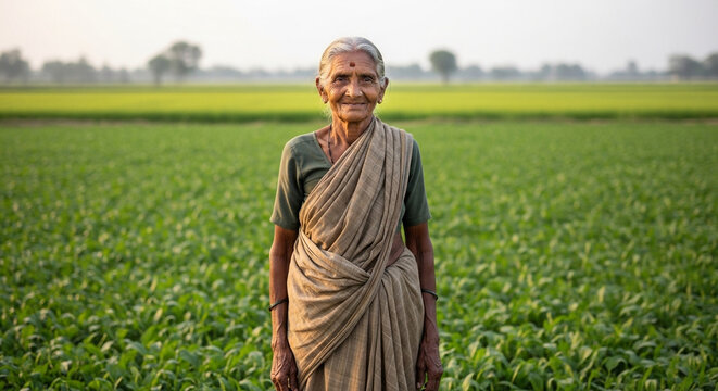 Elderly Woman Standing in Green Field Rural Agriculture Lifestyle Portrait
