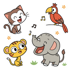 Naklejka premium Group of singing animals with music notes cartoon