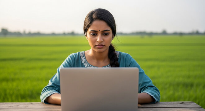 Young Woman Working on Laptop in Field Rural Remote Work Lifestyle