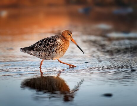 close up shot of ruffs calidris pugnax walking gracefully in shallow water