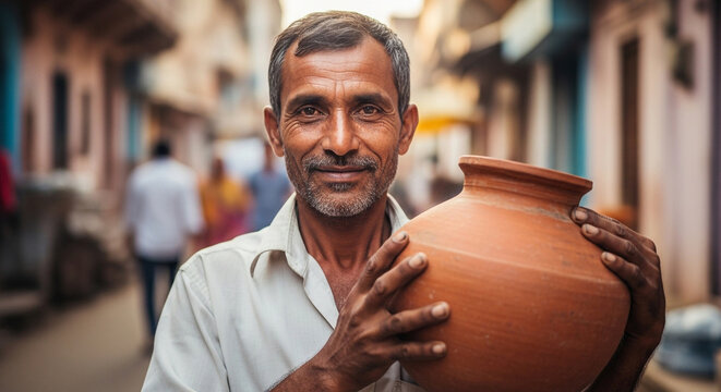 Indian Man Holding Clay Pot Traditional Culture Portrait Rural Lifestyle